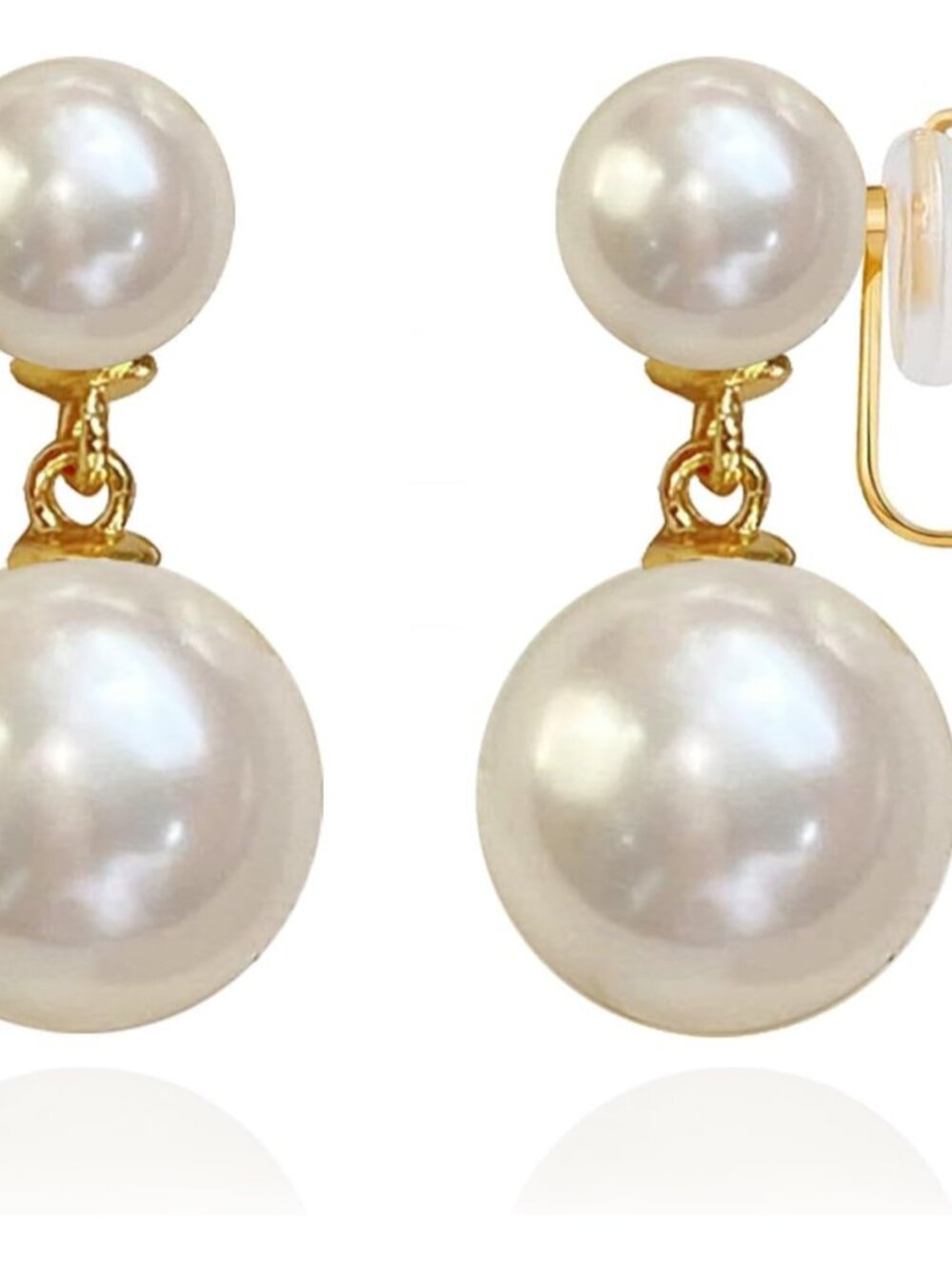 Pearl Clip on Earrings 18K Gold Plated Double Balls Dangle Drop Earrings